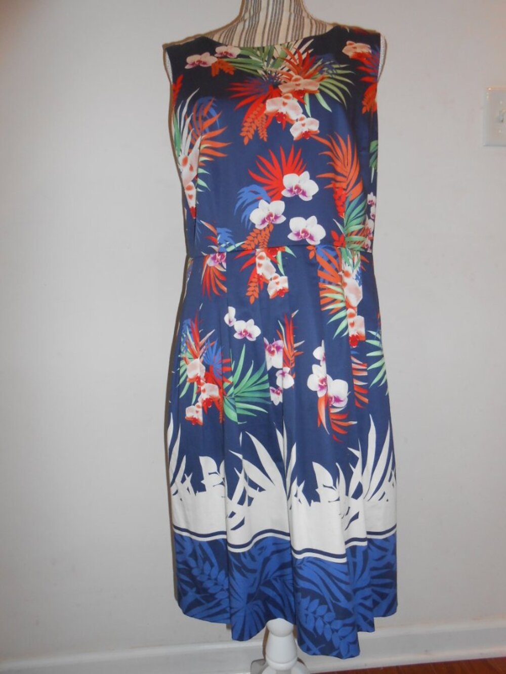 Women's Size 10P Talbots Blue and Orange Floral Fit & Flare Dress - Picture 1 of 5